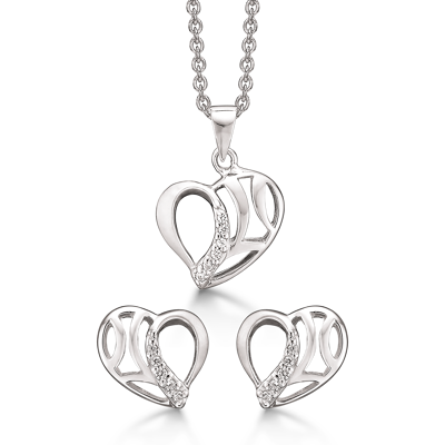 Billede af Sølv smykkesæt hjerte med mønster og facetslebet zirkonia.