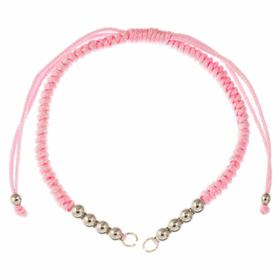 Image de DIY Bracelet Cordon Nylon Tressé avec Perles Métal Réglable (26 cm) Pink Argent Antique (1pièce)