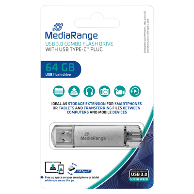 Afbeelding van MediaRange USB 3.0 Combo Flash Drive, 64GB met &amp; Type C aansluiting