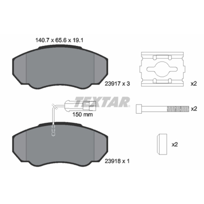 Imagem de TEXTAR 2391701 Jogo de pastilhas para travão disco com contacto avisador desgaste integrado parafusos pinça acessórios