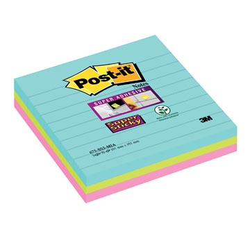 Afbeelding van Post it Super Sticky notes XL Cosmic, 70 vel, ft 101 x mm, gelijnd, geassorteerde kleuren, pak van 3 memoblok