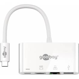 Afbeelding van Goobay USB C multipoortadapter HDMI+Ethernet, PD, wit voegt een Ethernet , HDMI en 3.0 poort toe aan apparaat