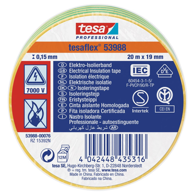 Afbeelding van Tesa 53988 PVC elektrische isolatietape Geel/Groen 19mm x 20m