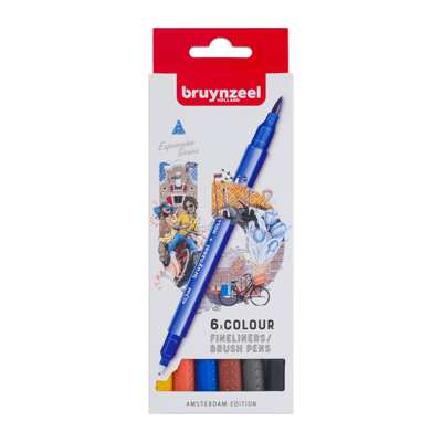 Afbeelding van Fineliner Brush pen Bruynzeel Creatives Amsterdam set 6 kleuren