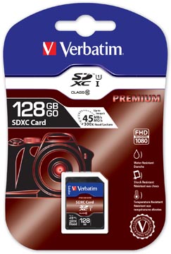 Afbeelding van Verbatim SDXC kaart 128 GB, Premium, klasse 10, U1, UHS I 90 MB/s, (W) 10 blisterverpakking