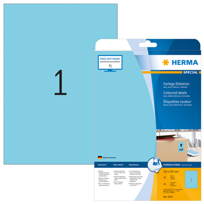 Afbeelding van Etiket HERMA 4423 210x297mm A4 verwijderbaar blauw 20stuks