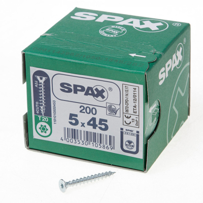 Afbeelding van SPAX spaanplaatschroeven TORX platkop 5 x 45 mm T20 Wirox Voldraad 200 stuks