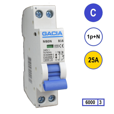 Afbeelding van Gacia installatieautomaat 1 polig nul 25A C karakteristiek M80N C25
