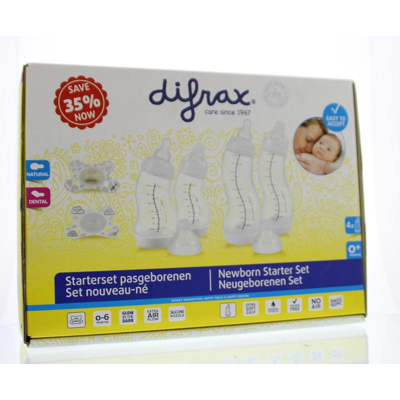 Afbeelding van Difrax Newborn Babystartpakket met 4 babyflessen &amp; 2 soorten fopspenen Wit