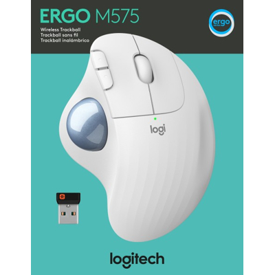 Afbeelding van Logitech Mouse M575, Ergo, Wireless, Unifying, Bluetooth, wit optisch, 400 2000dpi, 5 knoppen, trackball, retail