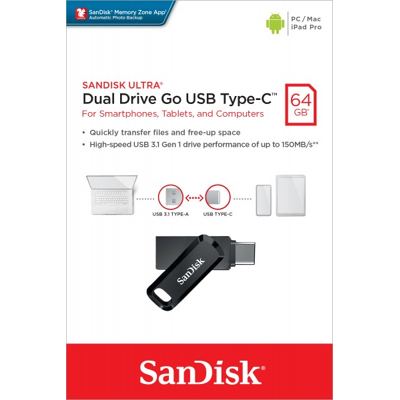 Afbeelding van Sandisk USB 3.1 OTG Stick 64GB, Ultra Dual Go Type AC, 150MB/s, Memory Zone, blisterverpakking