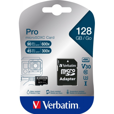 Afbeelding van Verbatim microSDXC kaart 128 GB, PRO, U3, UHS 3, 4K UHD 90 MB/s, (W) 45 SD adapter, blisterverpakking
