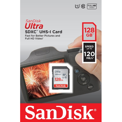 Afbeelding van Sandisk SDXC kaart 128GB, Ultra, Class 10, UHS I 120MB/s, blisterverpakking