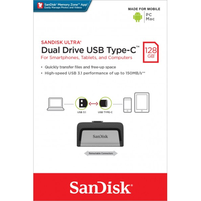 Afbeelding van Sandisk USB 3.1 OTG Stick 128GB, Ultra Dual Drive Type AC, 150MB/s, Memory Zone, blisterverpakking