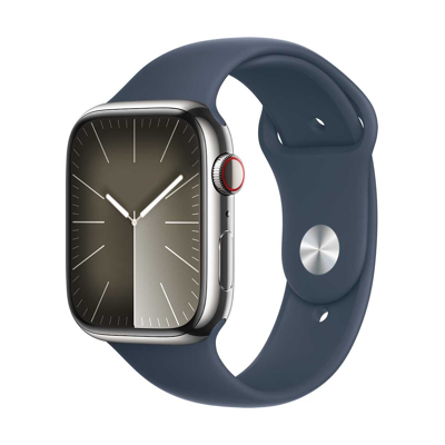 Afbeelding van Apple Watch S9 + Cellular 45mm Steel Silver Storm Blue Sport Band M/L (160 210mm)
