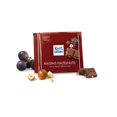 Afbeelding van Ritter Sport Chocolade Melk Hazelnoot Rozijn tablet 100 gram