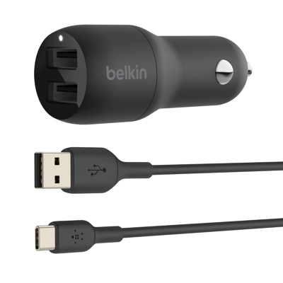Image de Belkin Boost Charge Dual USB Chargeur Rapide de Voiture 12W + C Câble Noir