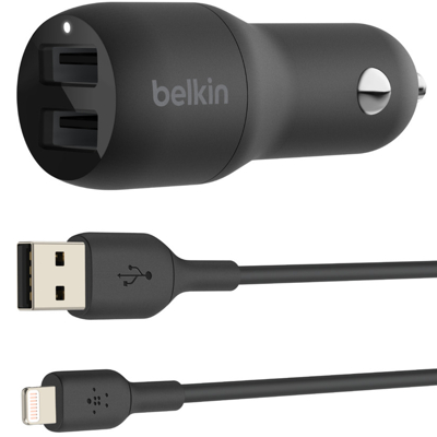 Image de Belkin Boost Charge Dual USB Chargeur Rapide de Voiture 12W + Lightning Câble Noir