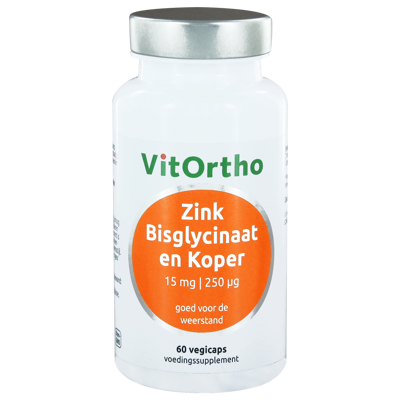 Afbeelding van Vitortho Zink bisglycinaat 15 mg en koper 250 mcg 60 vcaps