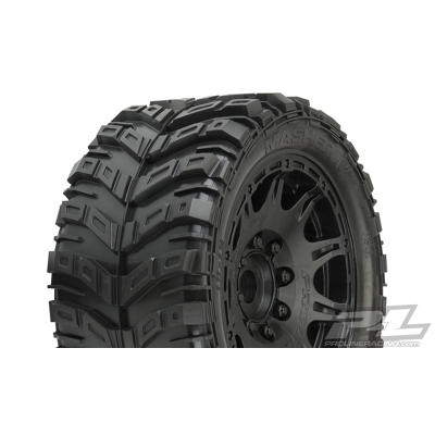 Afbeelding van Masher X HP All Terrain BELTED Tires Mounted on Raid 5.7 Black Wheels (2) for MAXX, KRATON 8S &amp; Other Large Scale 24mm Hex Vehicles Front or Rear