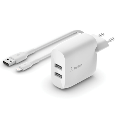 Abbildung von Belkin Boost Charge Dual USB A Ladegerät 24W + Lighting Kabel ✅ WCD001VF1MWH