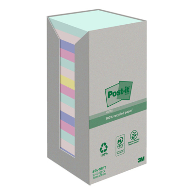 Afbeelding van Post it recycled notes Nature, 100 vel, ft 76 x mm, pak van 16 blokken, geassorteerde kleuren memoblok