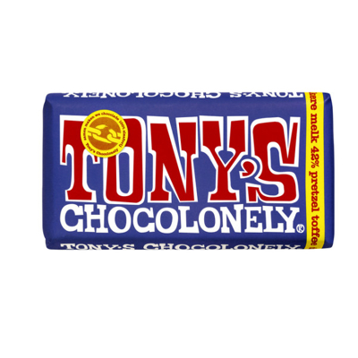 Afbeelding van Chocolade Tony&#039;s Chocolonely donker melk pretzel toffee reep 180gr
