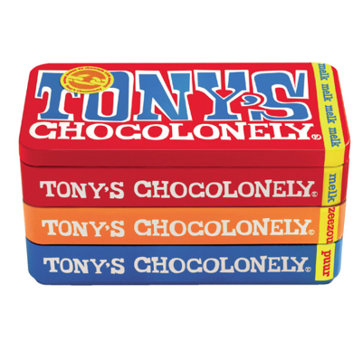 Afbeelding van Chocolade Tony&#039;s Chocolonely puur melk en karamel zeezout blik 540gr