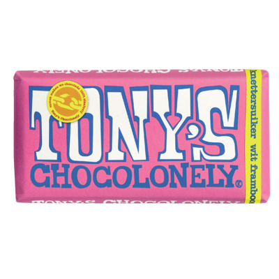 Afbeelding van Chocolade Tony&#039;s Chocolonely wit framboos knettersuiker reep 180gr