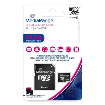 Afbeelding van MediaRange Micro SDXC geheugenkaart Class 10 met een SD adapter 64 GB