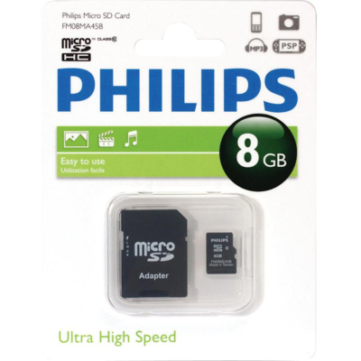 Afbeelding van PHILIPS microSDHC kaart 8GB Class 10 met SD adapter