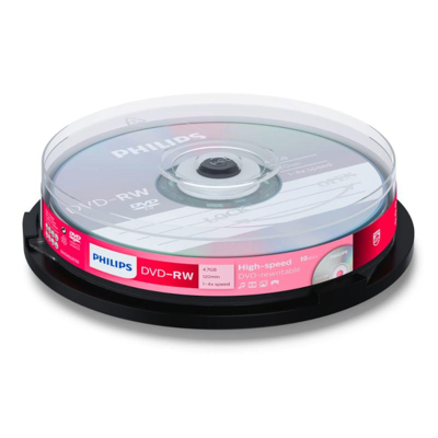 Afbeelding van DVD RW 4,7 GB PHILIPS 4x Speed Cakebox 10 stuks