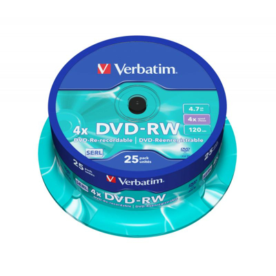 Afbeelding van DVD RW 4,7 GB VERBATIM 4x Speed Cakebox 25 stuks