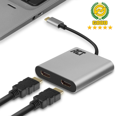 Afbeelding van ACT AC7012 USB C naar HDMI MST HUB Dual Monitor 4K@60Hz Aluminium 13 cm