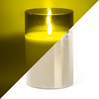 Afbeelding van LED kaars cedar bruin met rook grijs glas en vlam effect 10 x 15cm voor binnen