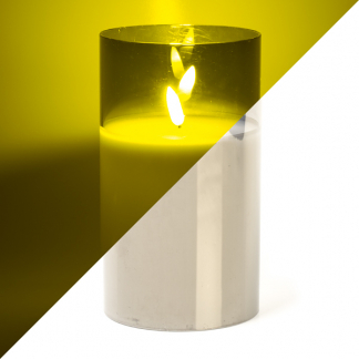 Afbeelding van LED kaars cedar bruin met rook grijs glas en vlam effect 10 x 17,5cm voor binnen