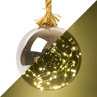 Afbeelding van Kerstbal met jute touw en 40 LED lampjes 20cm Rook grijs