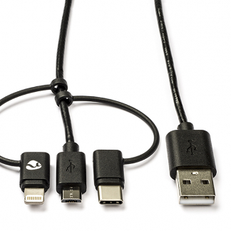 Afbeelding van USB A naar C + Micro Lightning kabel 1 meter 2.0