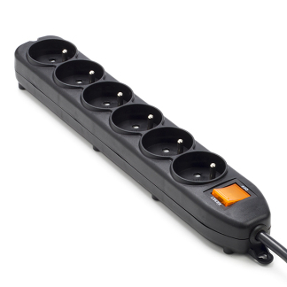 Afbeelding van Perel contactdoos met 6 stopcontacten, schakelaar en overspanningsbeveiliging, zwart, voor België