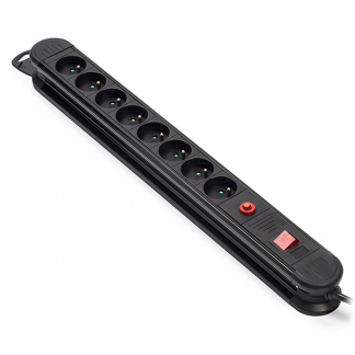 Afbeelding van Perel contactdoos met 8 stopcontacten, schakelaar en overspanningsbeveiliging, zwart, voor België