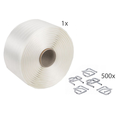 Afbeelding van Kortpack SET: 500 Gespen 16mm + 1 Rol Polyesterband X 850mtr Wit (1 Band En Gespen)
