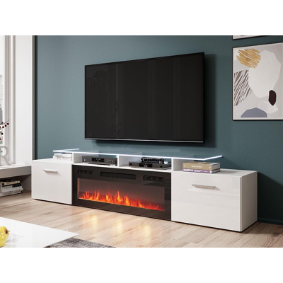 Afbeelding van Tv meubel met haard ROSCO 2 deuren wit/hoogglans wit