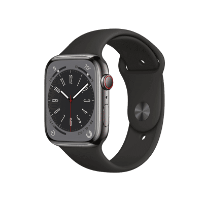 Abbildung von Apple Watch Serie 8 45mm Stainless Steel SIlber Schwarzes Sportarmband GPS WiFi + 4G 3 Jahre Garantie