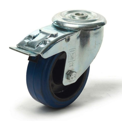 Image de Roulette à oeil pivotante frein diamètre 125 mm roue caoutchouc élastique bleu 250 Kg