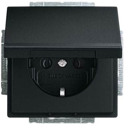 Afbeelding van Busch Jaeger mat zwart stopcontact met randaarde en klapdeksel 20 EUK 885