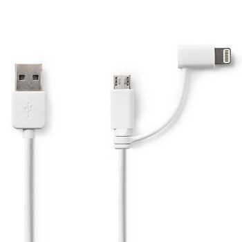 Billede af 2 i 1 kabel USB 2.0 A Han Apple Lightning 8 pin / Micro B 480 Mbps 1.00 m Nikkelplateret Runde PVC Hvid Plastikpose