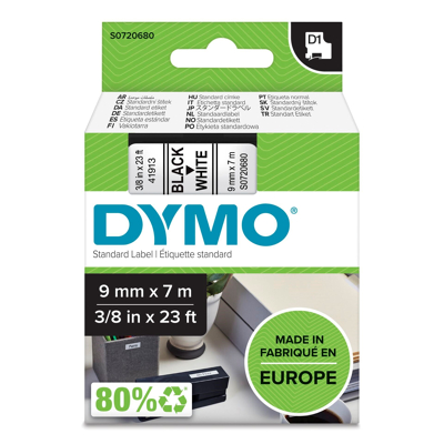 Billede af Dymo D1 tape 9mm x 7 mtr., sort/hvid