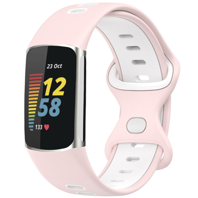 Afbeelding van Siliconen sport bandje voor de Fitbit Charge 5 / 6 Roze Wit iMoshion En TPU (zacht)