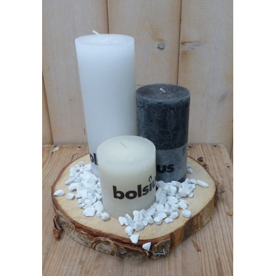 Afbeelding van 3 delige set kaarsen zwart, sneeuwwit en cremewit, grindkleur: wit, dia. circa 30 cm Bolsius