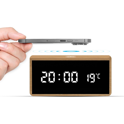 Afbeelding van Bamboe Draadloze QI wekker Digitale oplader iPhone Wireless Charger Thermometer